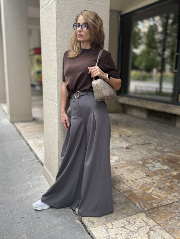 Dámske sivé široké nohavice Imperial s vysokým pásom z jemne splývavého materiálu