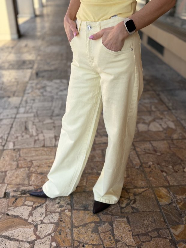 svetložlté dámske rifle wide leg strihu s vysokým pásom