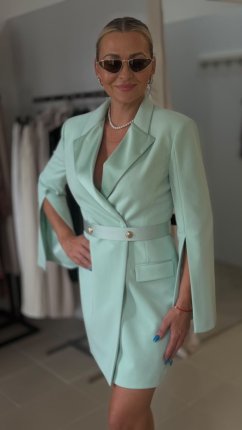 Dámske mint blazer šaty Imperial Portofino s opaskom, zlatými gombíkmi a efektnými plášťovými rukávmi