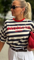 Bielo-modré pruhované tričko s nápisom Prosecco Mood a krátkym rukávom Bielo-modré pruhované tričko s nápisom Prosecco Mood a krátkym rukávom