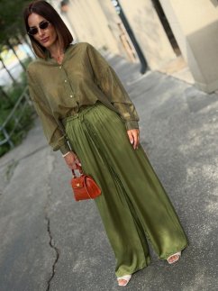 Dámske olivovozelené saténové nohavice Satin Olive s voľným palazzo strihom