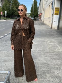 hnedé čipkované palazzo nohavice so širokými nohavicami a transparentným vzorom