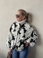 Krémovo-čierna bomber bunda s cow print vzorom – oversize strih, taliansky štýl Krémovo-čierna bomber bunda s cow print vzorom – oversize strih, taliansky štýl