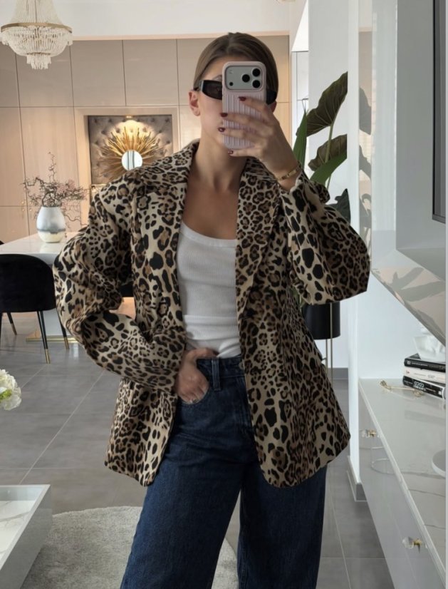 leopardie sako camel s dvojradovým zapínaním a klopami